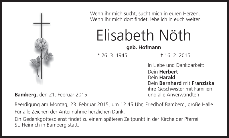  Traueranzeige für Elisabeth Nöth vom 21.02.2015 aus MGO