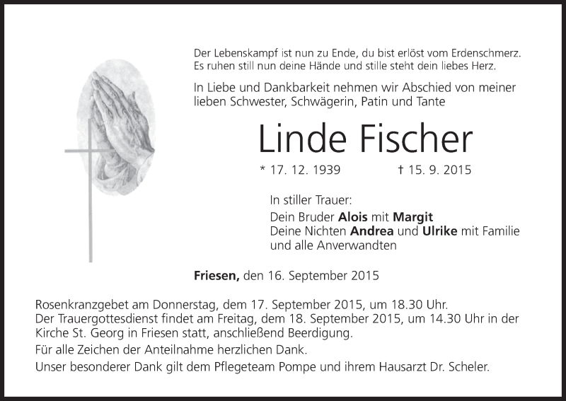  Traueranzeige für Linde Fischer vom 16.09.2015 aus MGO