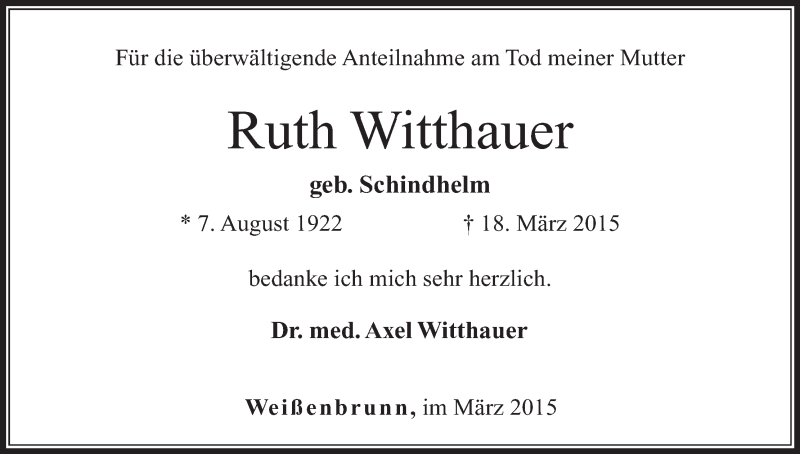  Traueranzeige für Ruth Witthauer vom 04.04.2015 aus MGO