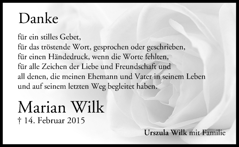  Traueranzeige für Marian Wilk vom 21.02.2015 aus MGO