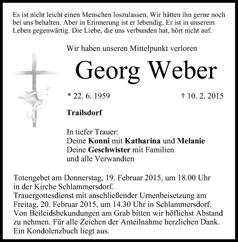  Traueranzeige für Georg Weber vom 17.02.2015 aus MGO