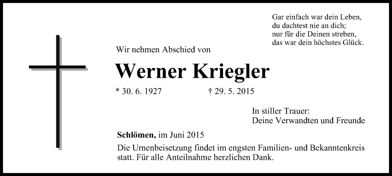  Traueranzeige für Werner Kriegler vom 02.06.2015 aus MGO