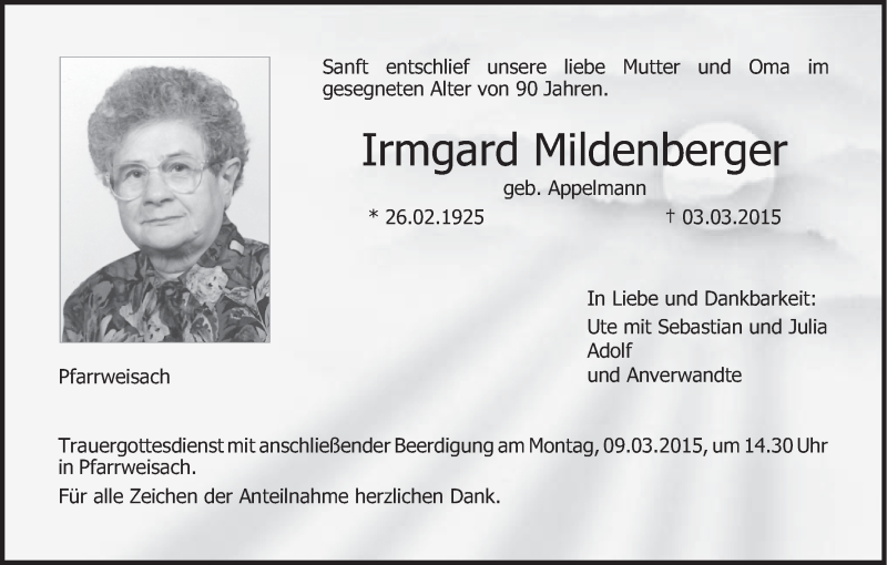  Traueranzeige für Irmgard Mildenberger vom 06.03.2015 aus MGO