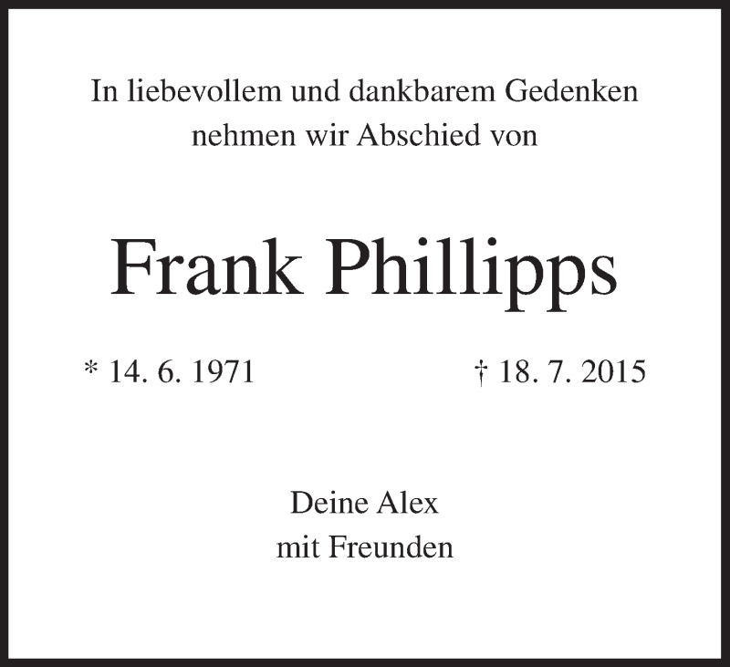  Traueranzeige für Frank Phillipps vom 05.08.2015 aus MGO