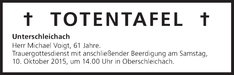  Traueranzeige für Totentafel vom 08.10.2015 vom 08.10.2015 aus MGO