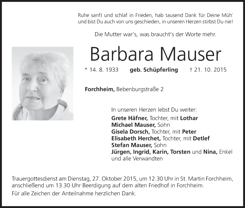  Traueranzeige für Barbara Mauser vom 24.10.2015 aus MGO