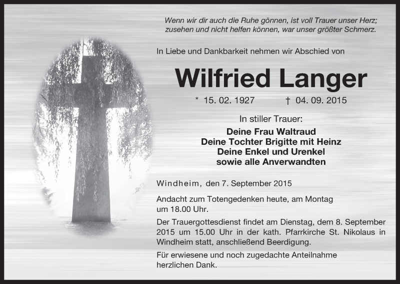  Traueranzeige für Wilfried Langer vom 07.09.2015 aus MGO