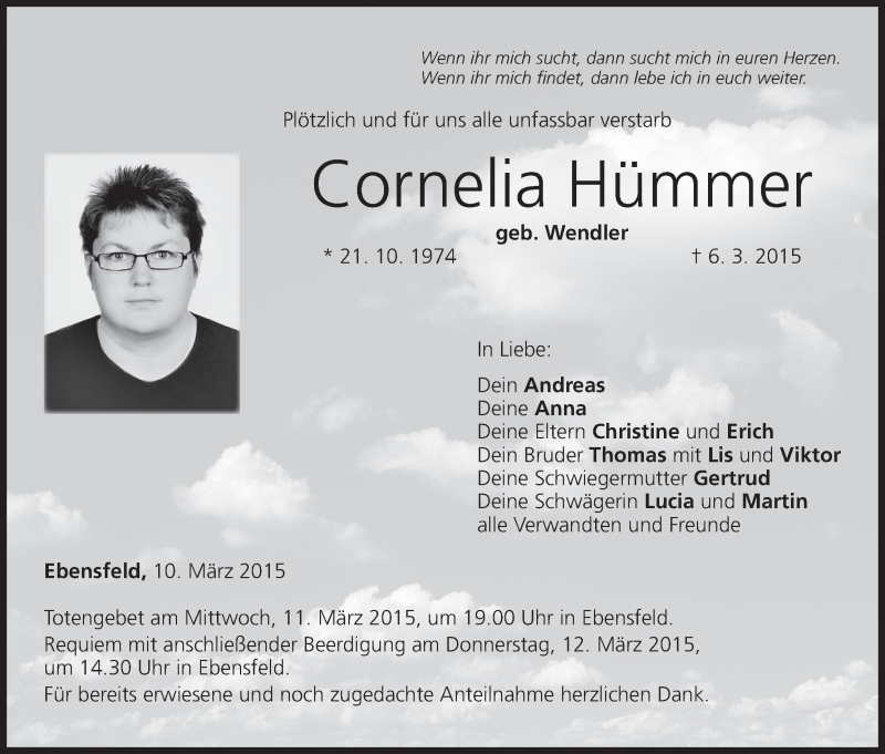  Traueranzeige für Cornelia Hümmer vom 10.03.2015 aus MGO
