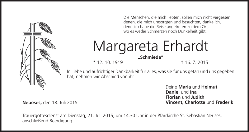  Traueranzeige für Margareta Erhardt vom 18.07.2015 aus MGO