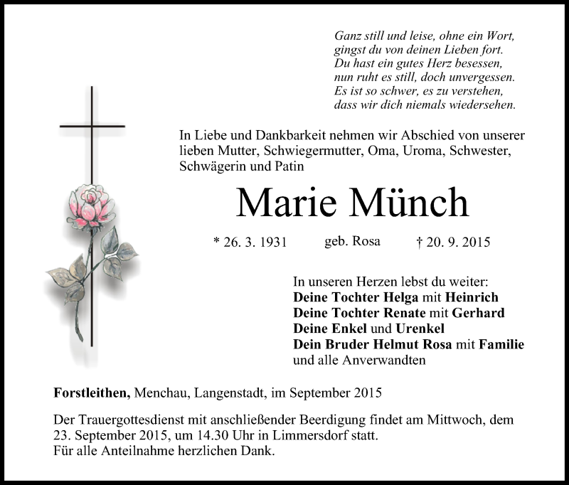 Traueranzeige für Marie Münch vom 22.09.2015 aus MGO