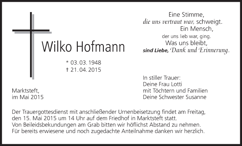  Traueranzeige für Wilko Hofmann vom 09.05.2015 aus MGO