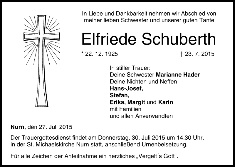  Traueranzeige für Elfriede Schuberth vom 27.07.2015 aus MGO