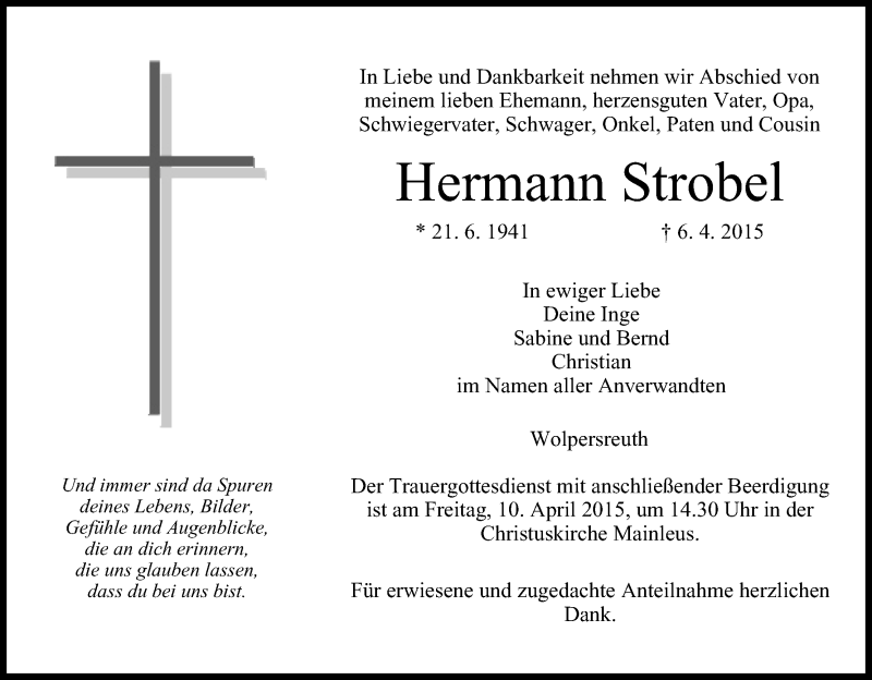  Traueranzeige für Hermann Strobel vom 08.04.2015 aus MGO