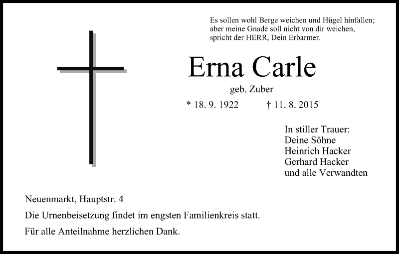  Traueranzeige für Erna Carle vom 19.08.2015 aus MGO