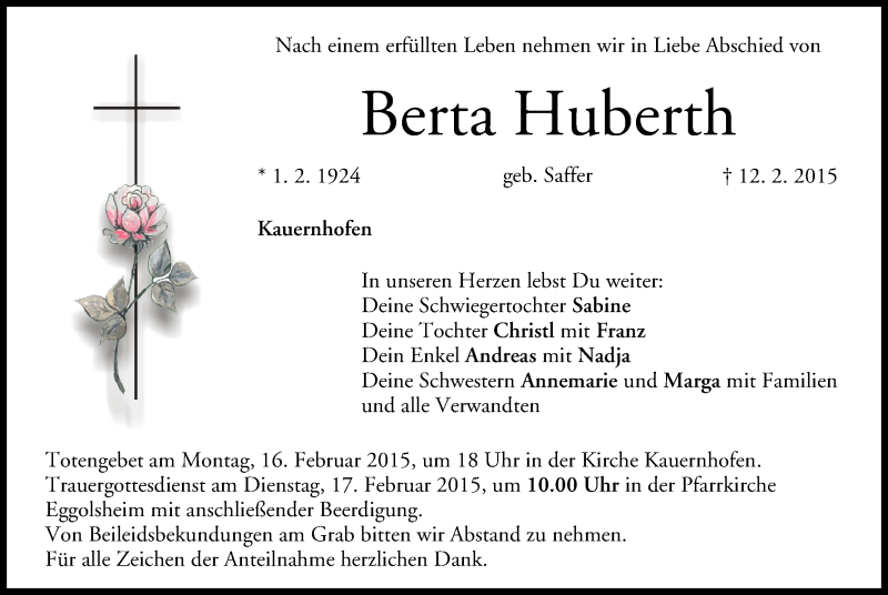  Traueranzeige für Berta Huberth vom 14.02.2015 aus MGO