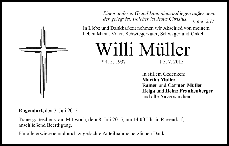  Traueranzeige für Willi Müller vom 07.07.2015 aus MGO