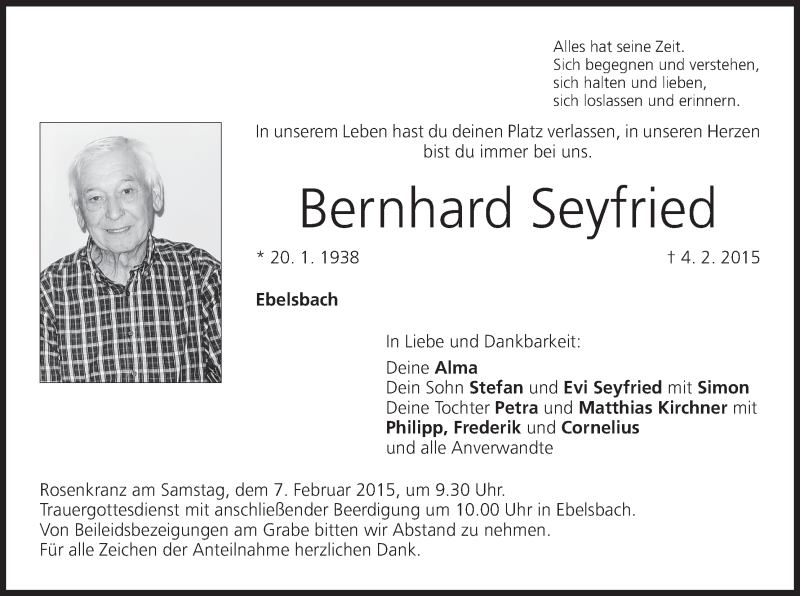  Traueranzeige für Bernhard Seyfried vom 05.02.2015 aus MGO