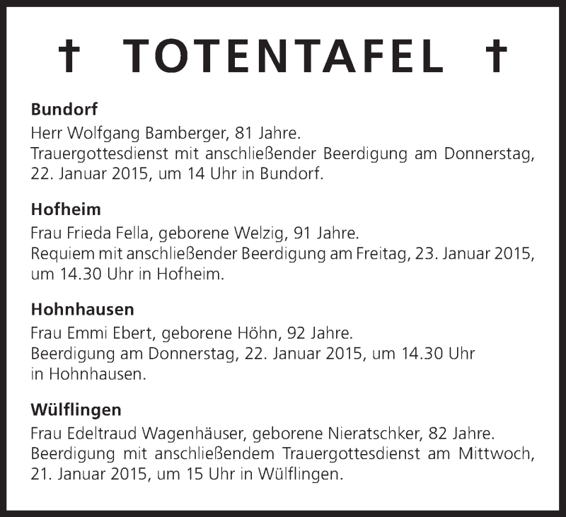  Traueranzeige für Totentafel vom 21.01.2015 vom 21.01.2015 aus MGO