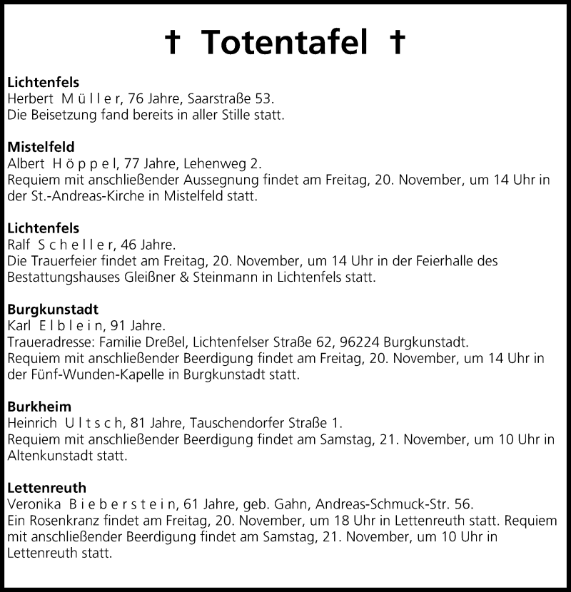  Traueranzeige für Totentafel vom 20.11.2015 vom 20.11.2015 aus MGO