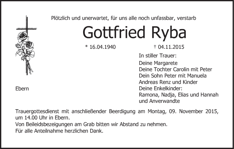  Traueranzeige für Gottfried Ryba vom 07.11.2015 aus MGO