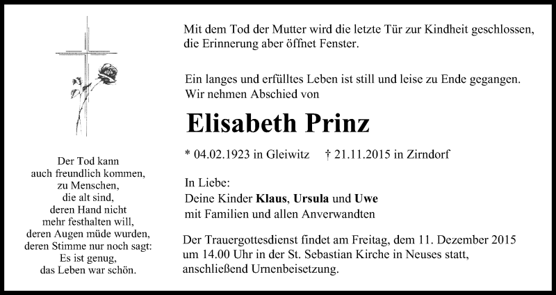  Traueranzeige für Elisabeth Prinz vom 05.12.2015 aus MGO