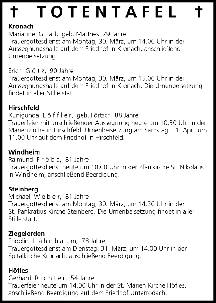  Traueranzeige für Totentafel vom 28.03.2015 vom 28.03.2015 aus MGO