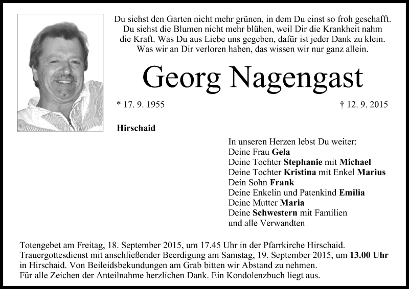  Traueranzeige für Georg Nagengast vom 16.09.2015 aus MGO