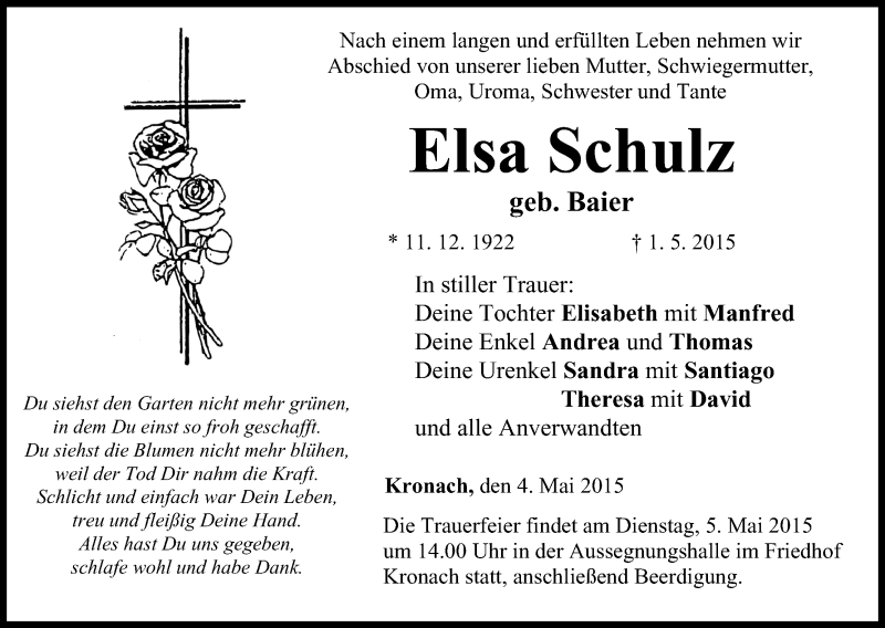  Traueranzeige für Elsa Schulz vom 04.05.2015 aus MGO