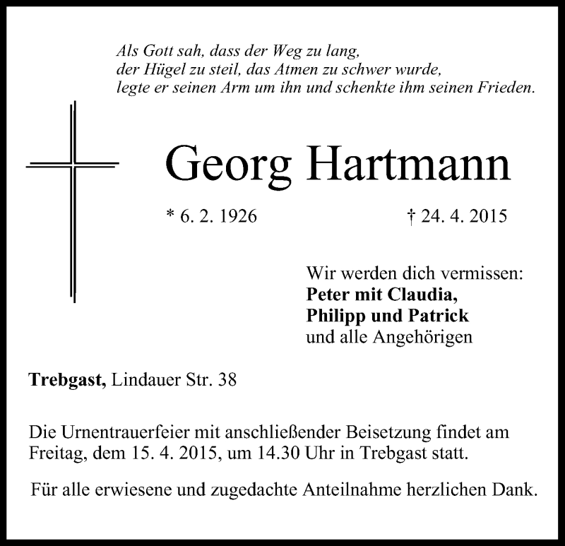  Traueranzeige für Georg Hartmann vom 12.05.2015 aus MGO