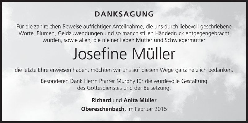  Traueranzeige für Josefine Müller vom 13.03.2015 aus MGO