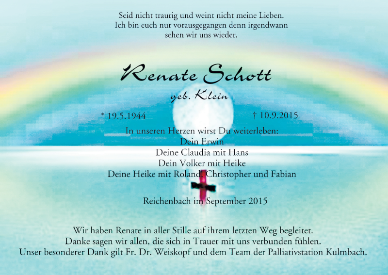  Traueranzeige für Renate Schott vom 22.09.2015 aus MGO