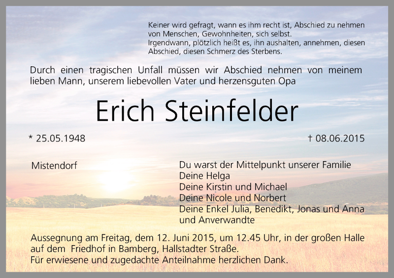  Traueranzeige für Erich Steinfelder vom 10.06.2015 aus MGO