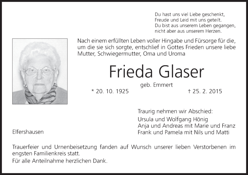  Traueranzeige für Frieda Glaser vom 07.03.2015 aus MGO