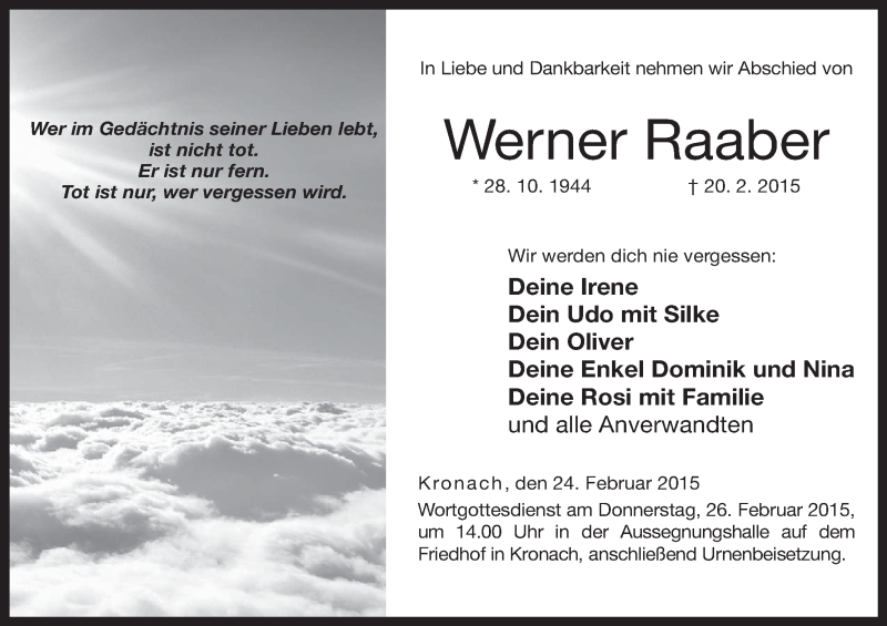  Traueranzeige für Werner Raaber vom 24.02.2015 aus MGO