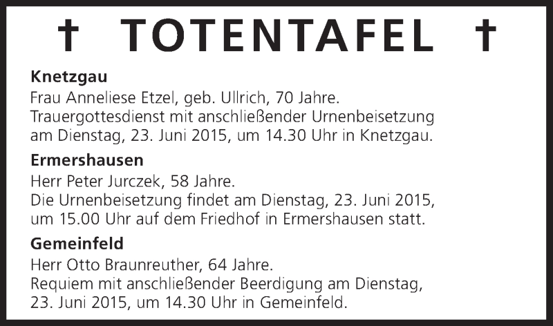  Traueranzeige für Totentafel vom 22.06.2015 vom 22.06.2015 aus MGO