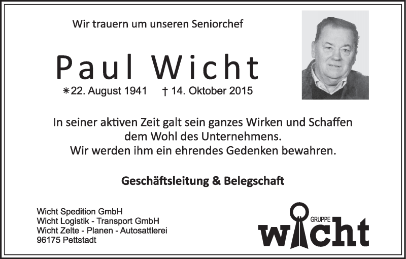  Traueranzeige für Paul Wicht vom 17.10.2015 aus MGO