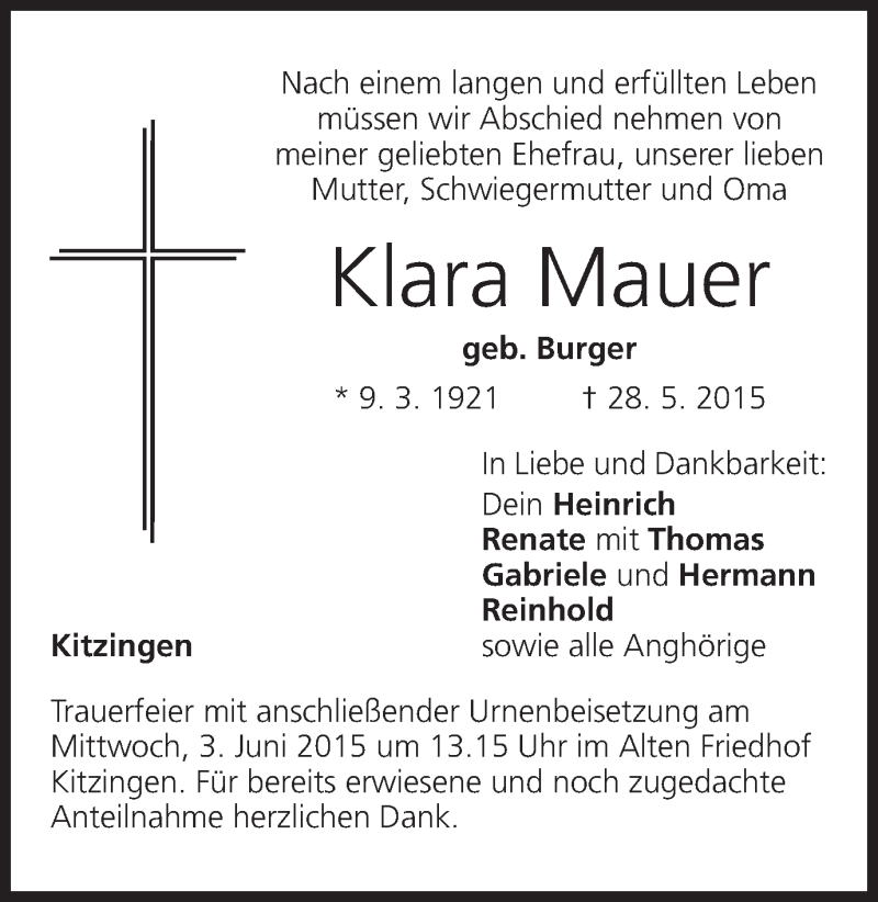  Traueranzeige für Klara Mauer vom 01.06.2015 aus MGO