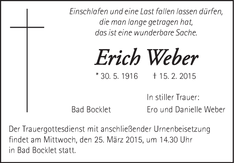  Traueranzeige für Erich Weber vom 21.03.2015 aus MGO