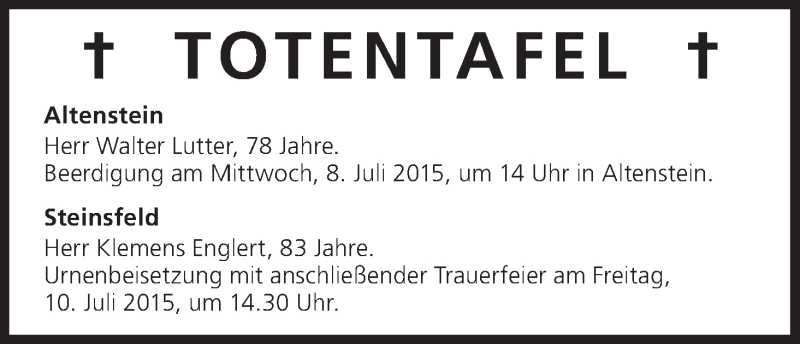  Traueranzeige für Klemens Englert vom 08.07.2015 aus MGO
