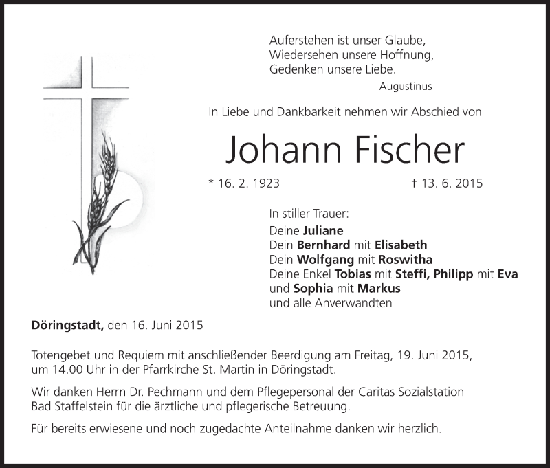  Traueranzeige für Johann Fischer vom 16.06.2015 aus MGO