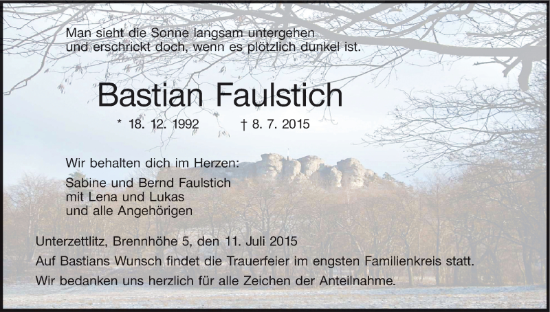  Traueranzeige für Bastia Faulstich vom 11.07.2015 aus MGO