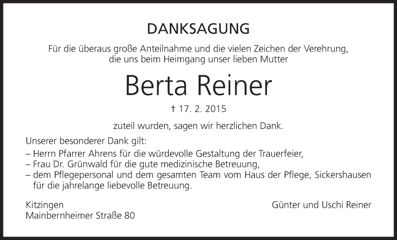  Traueranzeige für Berta Reiner vom 28.02.2015 aus MGO
