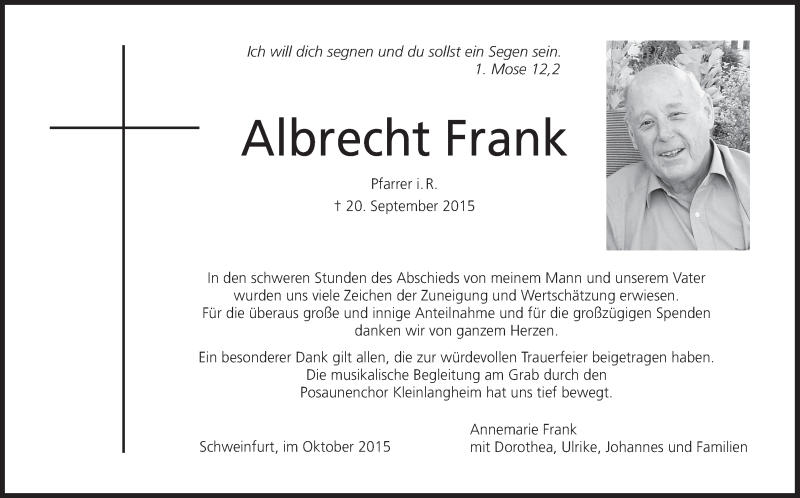  Traueranzeige für Albrecht Frank vom 17.10.2015 aus MGO