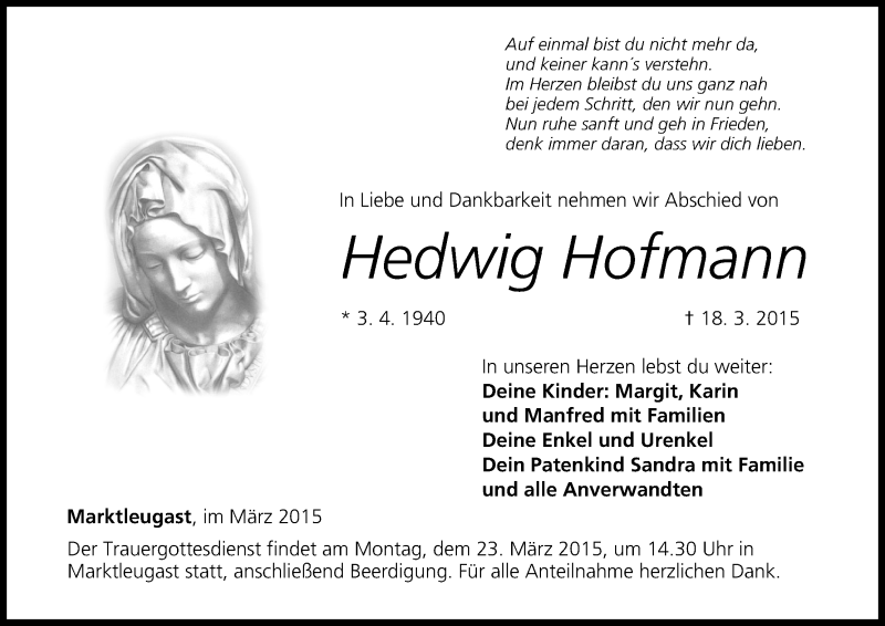  Traueranzeige für Hedwig Hofmann vom 21.03.2015 aus MGO