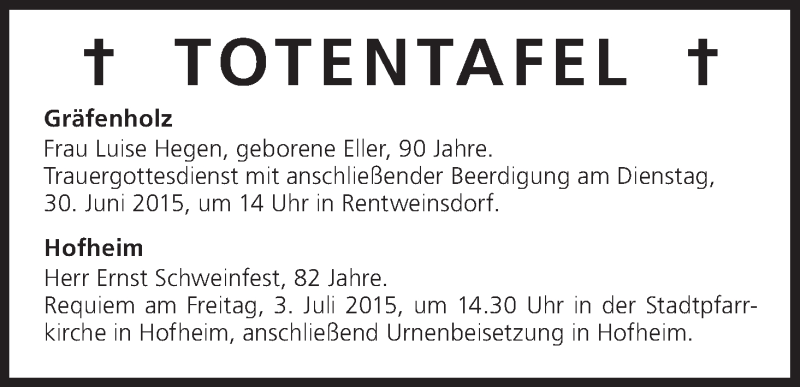  Traueranzeige für Ernst Schweinfest vom 30.06.2015 aus MGO
