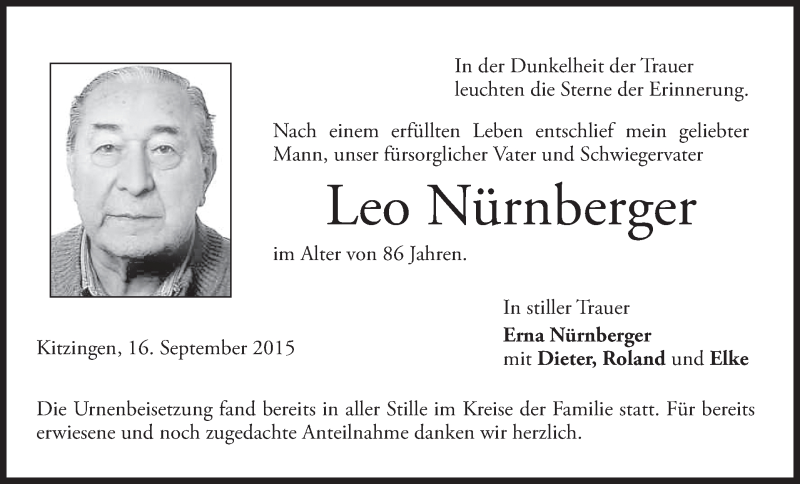  Traueranzeige für Leo Nürnberger vom 26.09.2015 aus MGO