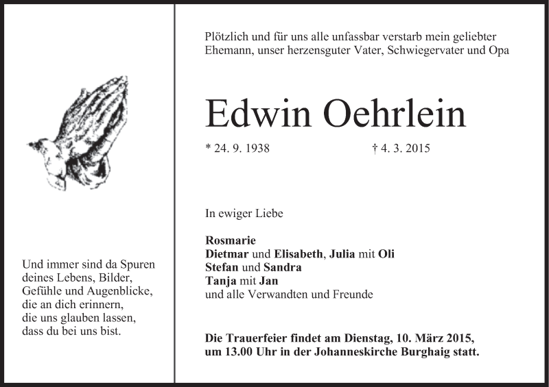  Traueranzeige für Edwin Oehrlein vom 07.03.2015 aus MGO