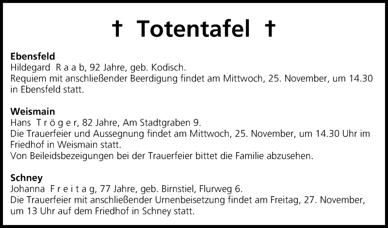  Traueranzeige für Totentafel vom 25.11.2015 vom 25.11.2015 aus MGO