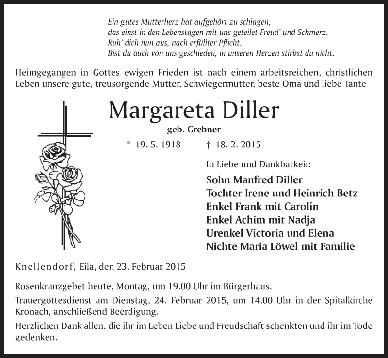  Traueranzeige für Margareta Diller vom 23.02.2015 aus MGO