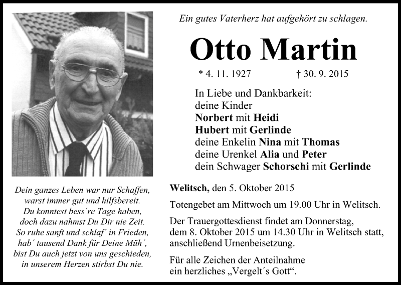  Traueranzeige für Otto Martin vom 05.10.2015 aus MGO